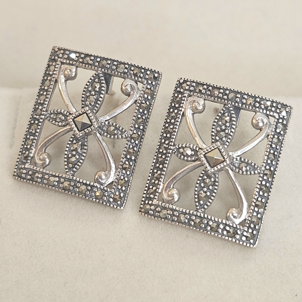 Vintage Marcasite 925 TJ Art Deco Sterling Silver Post Earrings